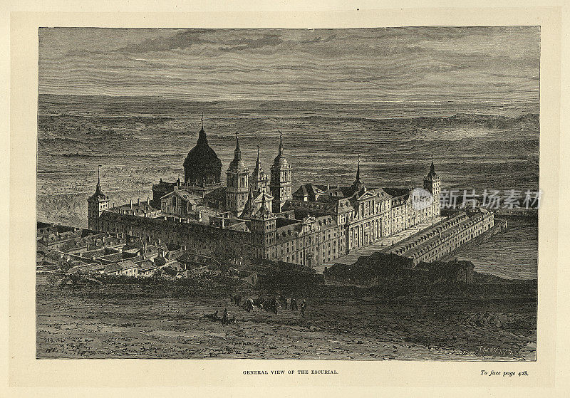 西班牙马德里Escurial的全景图，由Gustave Dore绘制，西班牙历史建筑19世纪